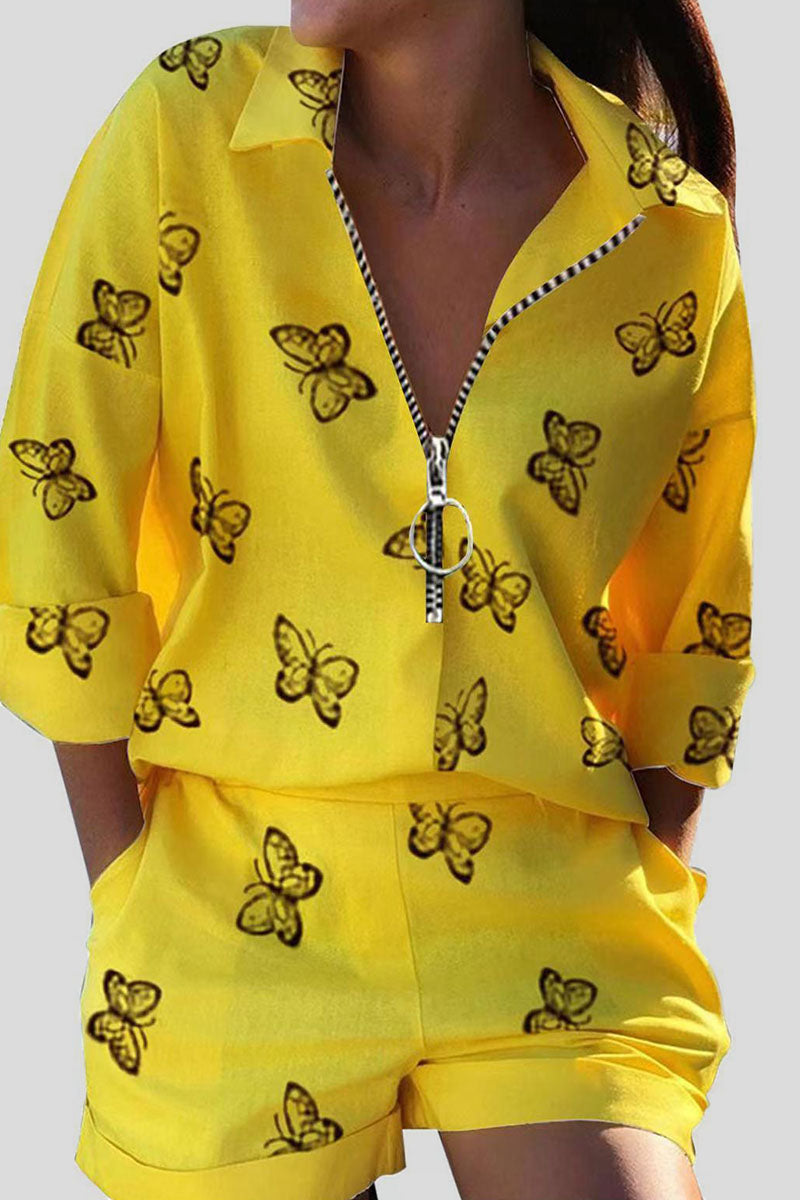 Print Patchwork Zipper Turndown Collar Long Sleeve Two Pieces
