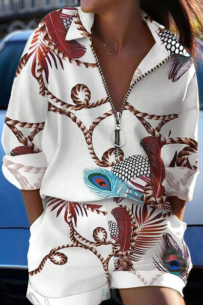 Print Patchwork Zipper Turndown Collar Long Sleeve Two Pieces