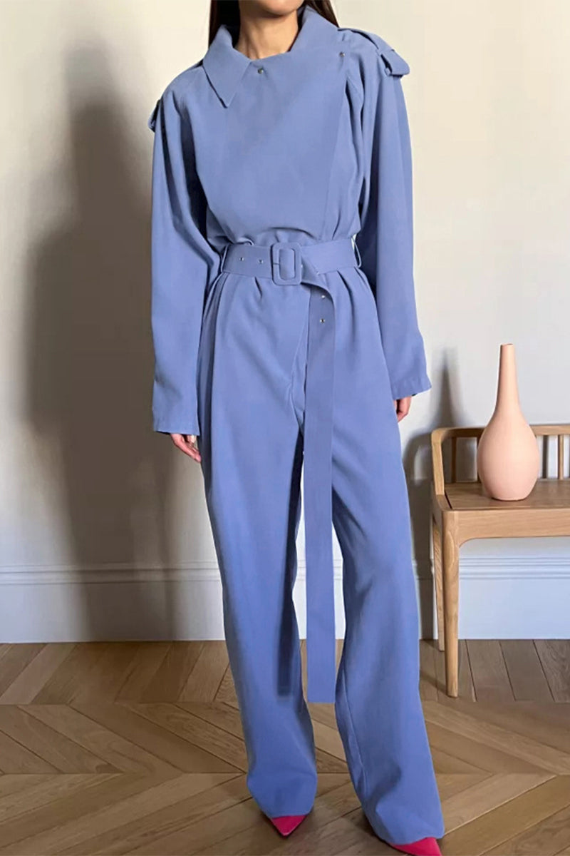 Work Frenulum Turn-back Collar Regular Jumpsuits