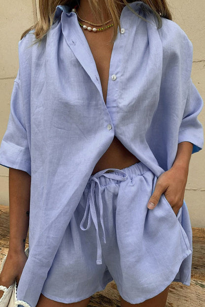 Patchwork Turndown Collar Half Sleeve Two Pieces