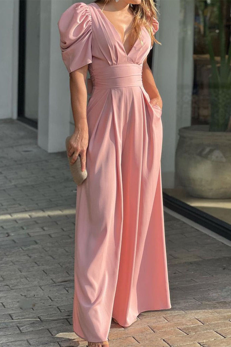 Simplicity Color V Neck Loose Jumpsuits(5 Colors)