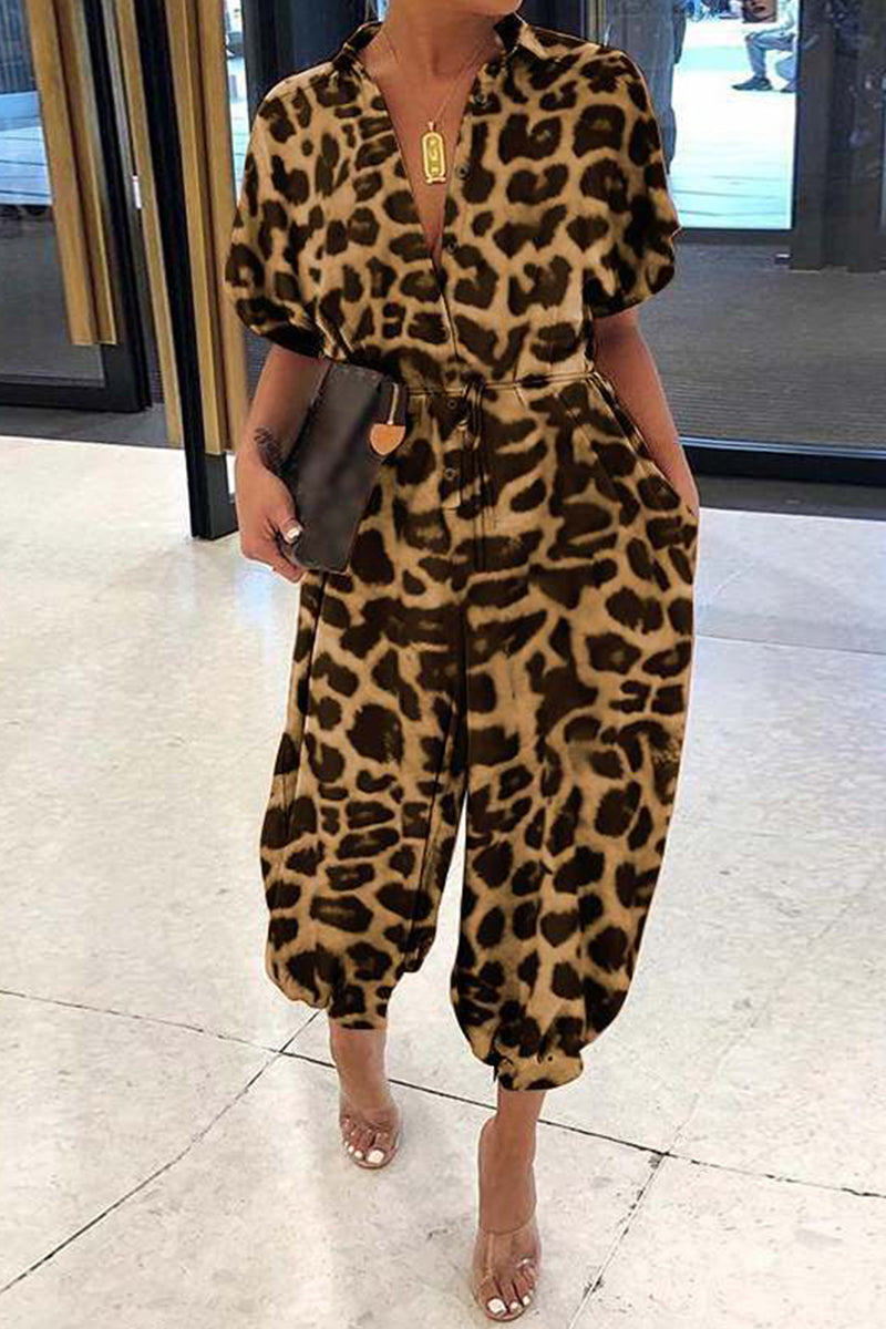 Leopard Frenulum Printing Loose Jumpsuits