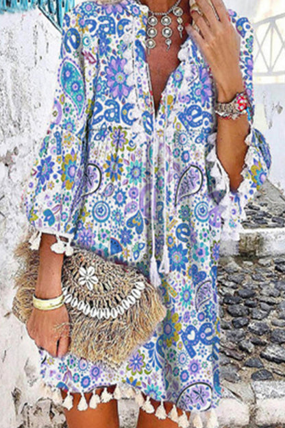 Print Tassel V Neck Cake Skirt Dresses