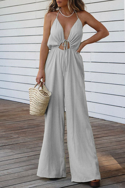 Backless V Neck Regular Jumpsuits(3 Colors)
