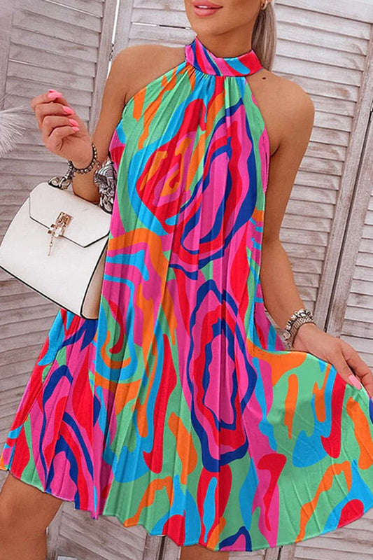 Vacation Print Patchwork Halter One Step Skirt Dresses