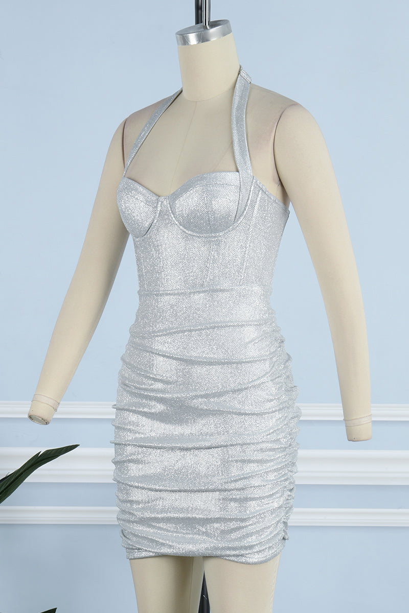 Fold Sequined Asymmetrical Halter Wrapped Skirt Dresses
