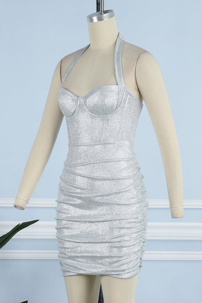 Fold Sequined Asymmetrical Halter Wrapped Skirt Dresses