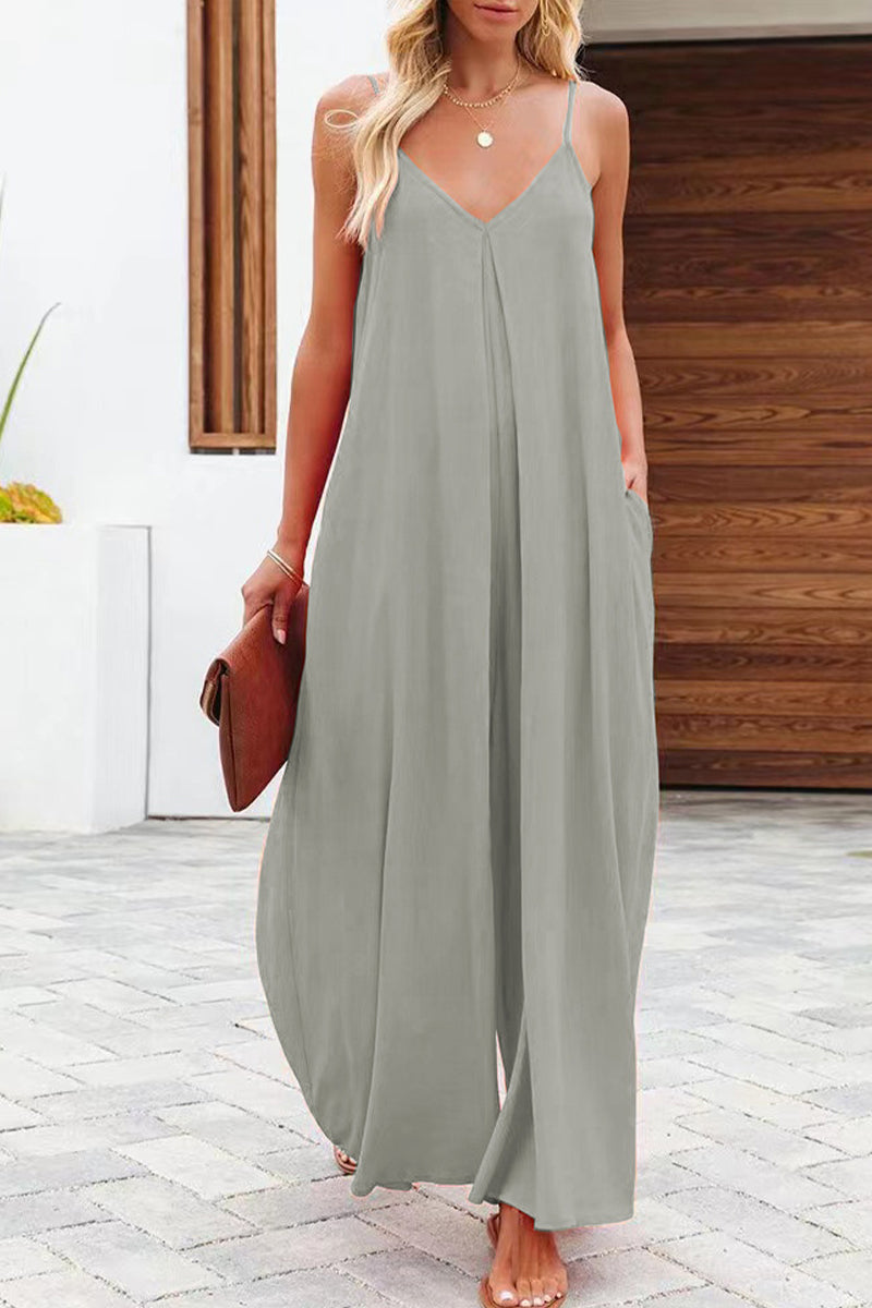 Color V Neck Loose Jumpsuits(6 Colors)