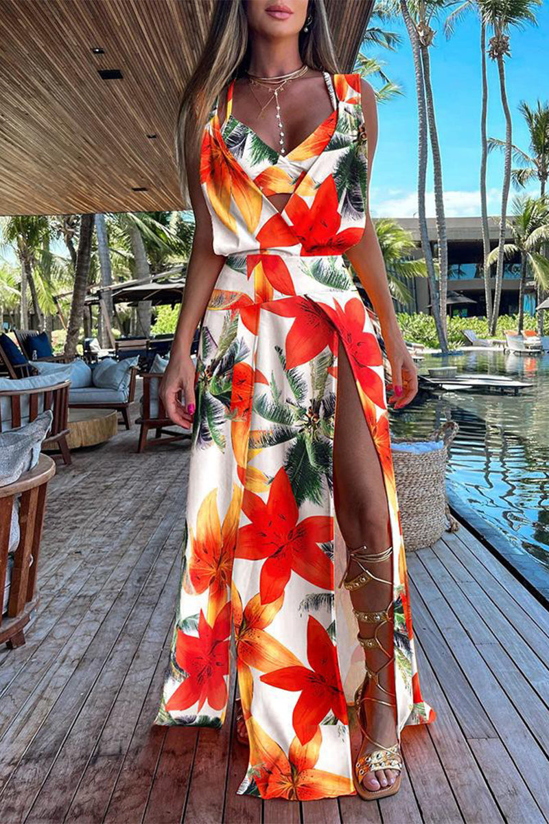 Vacation Print Patchwork Frenulum V Neck Sleeveless Two Pieces