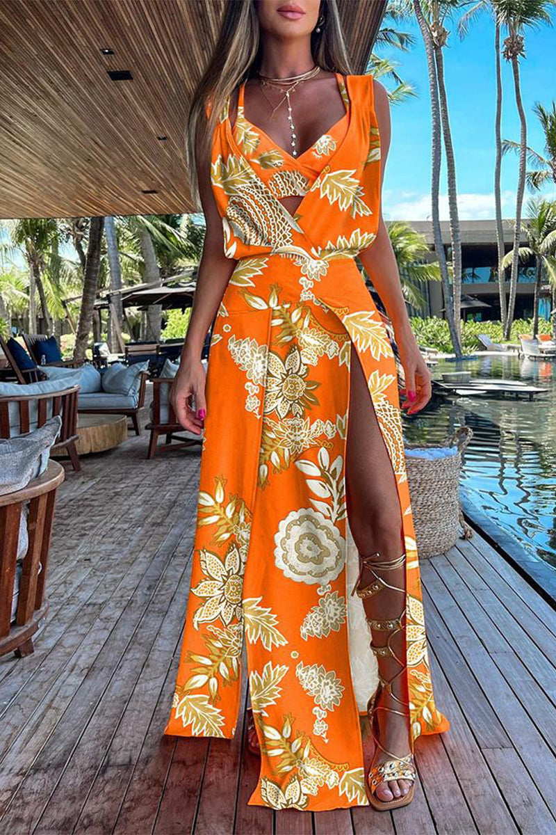 Vacation Print Patchwork Frenulum V Neck Sleeveless Two Pieces
