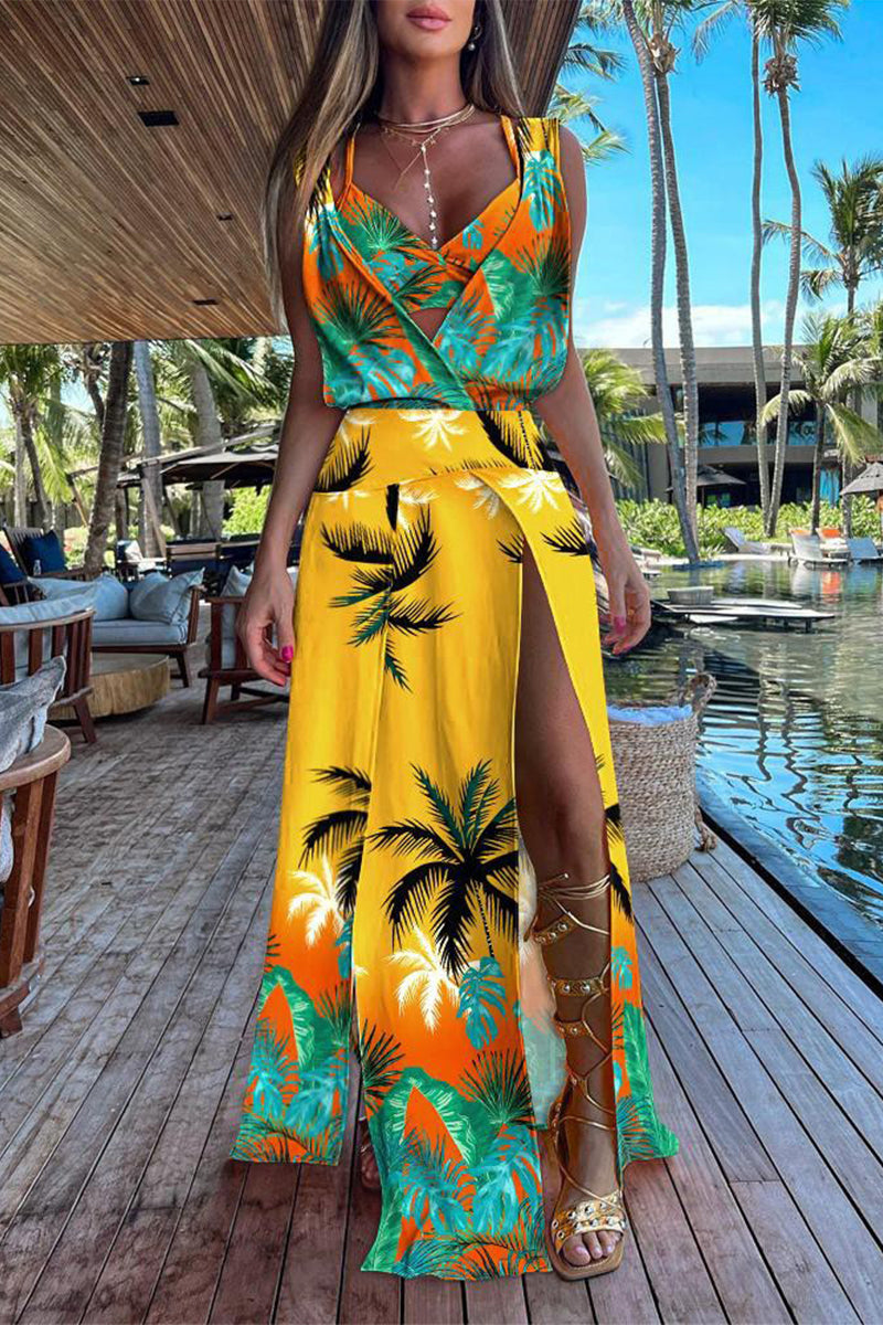 Vacation Print Patchwork Frenulum V Neck Sleeveless Two Pieces