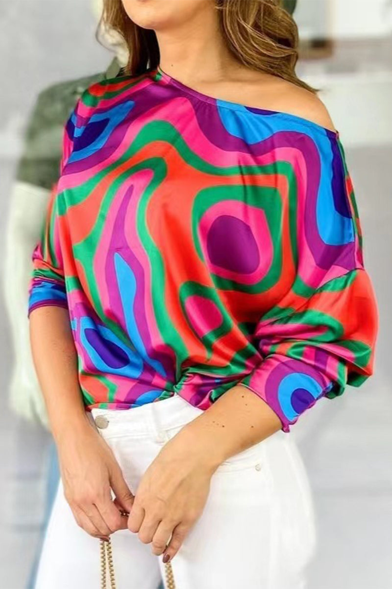 Work Print Patchwork Oblique Collar T-shirts(7 Colors)