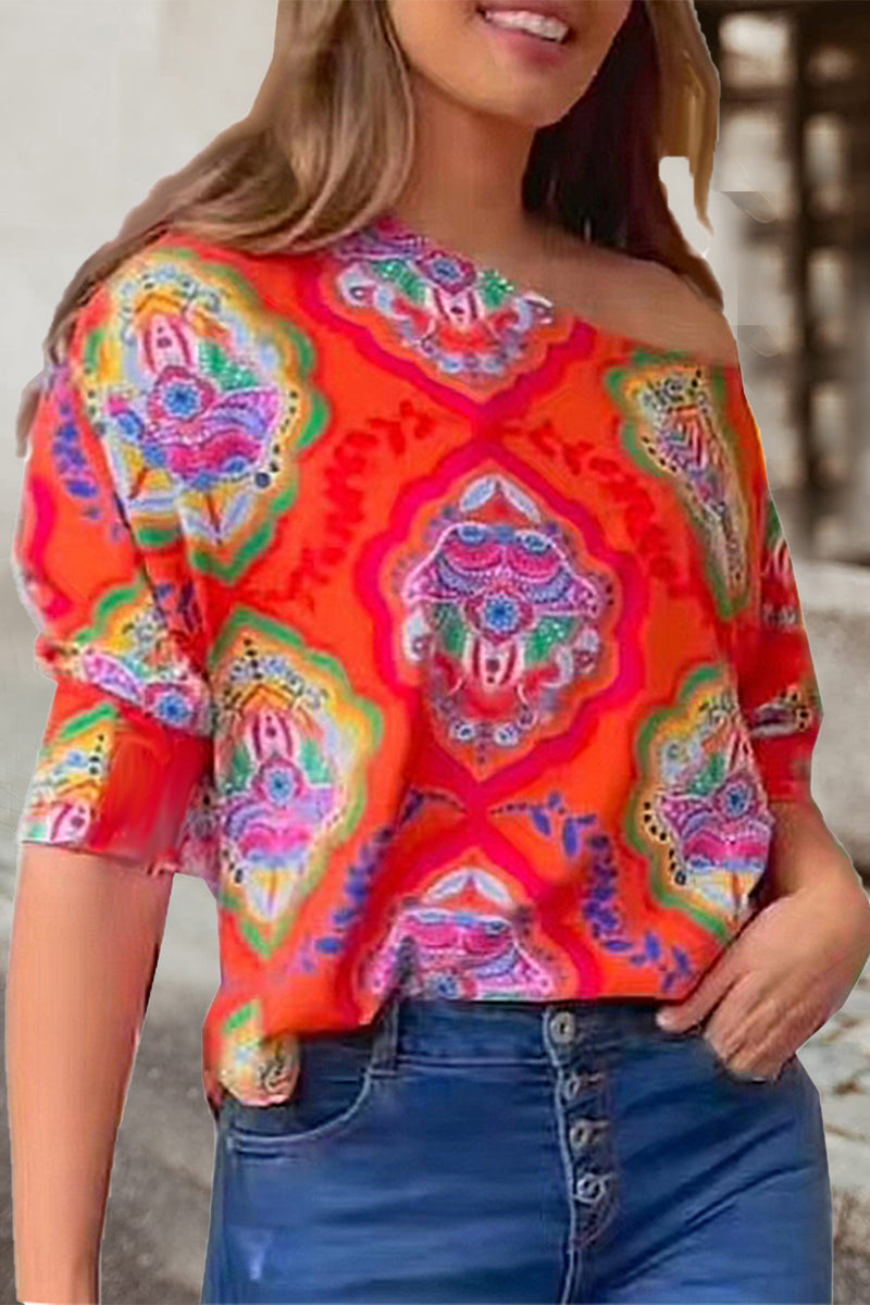 Work Print Patchwork Oblique Collar T-shirts(7 Colors)