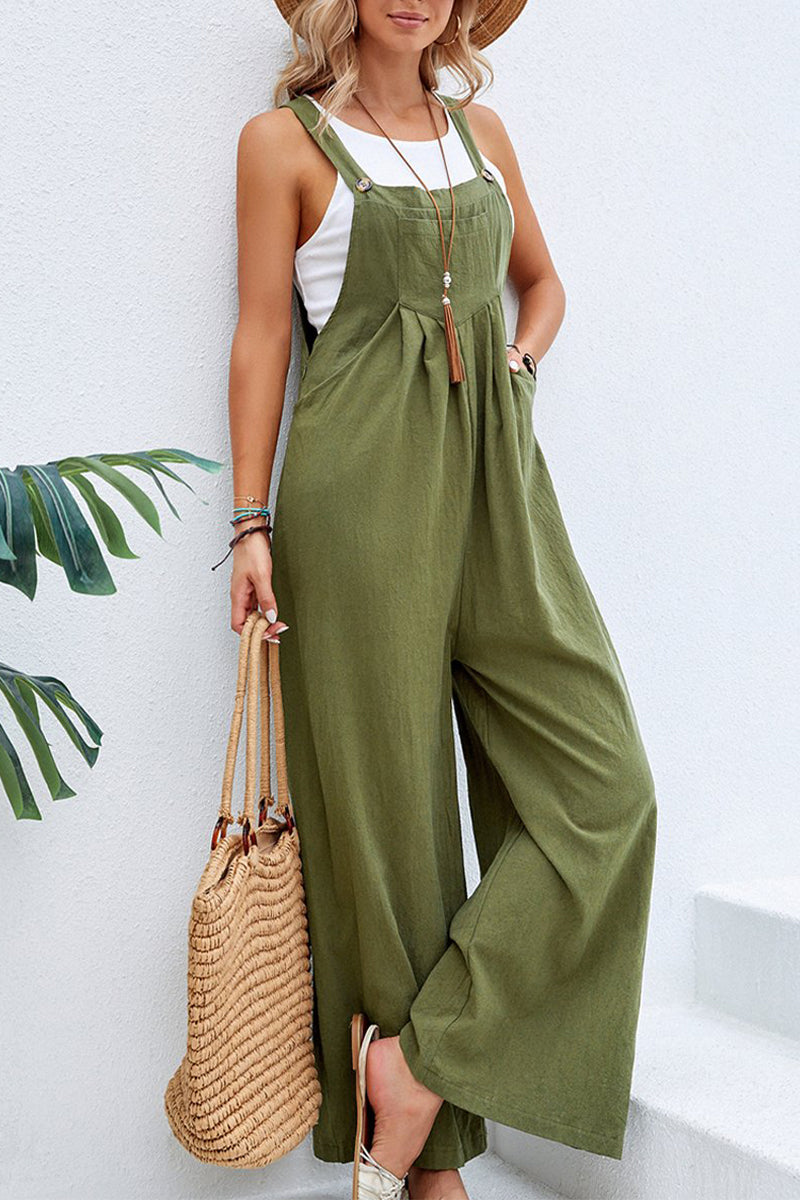 Vacation Buttons Square Collar Loose Jumpsuits(10 Colors)