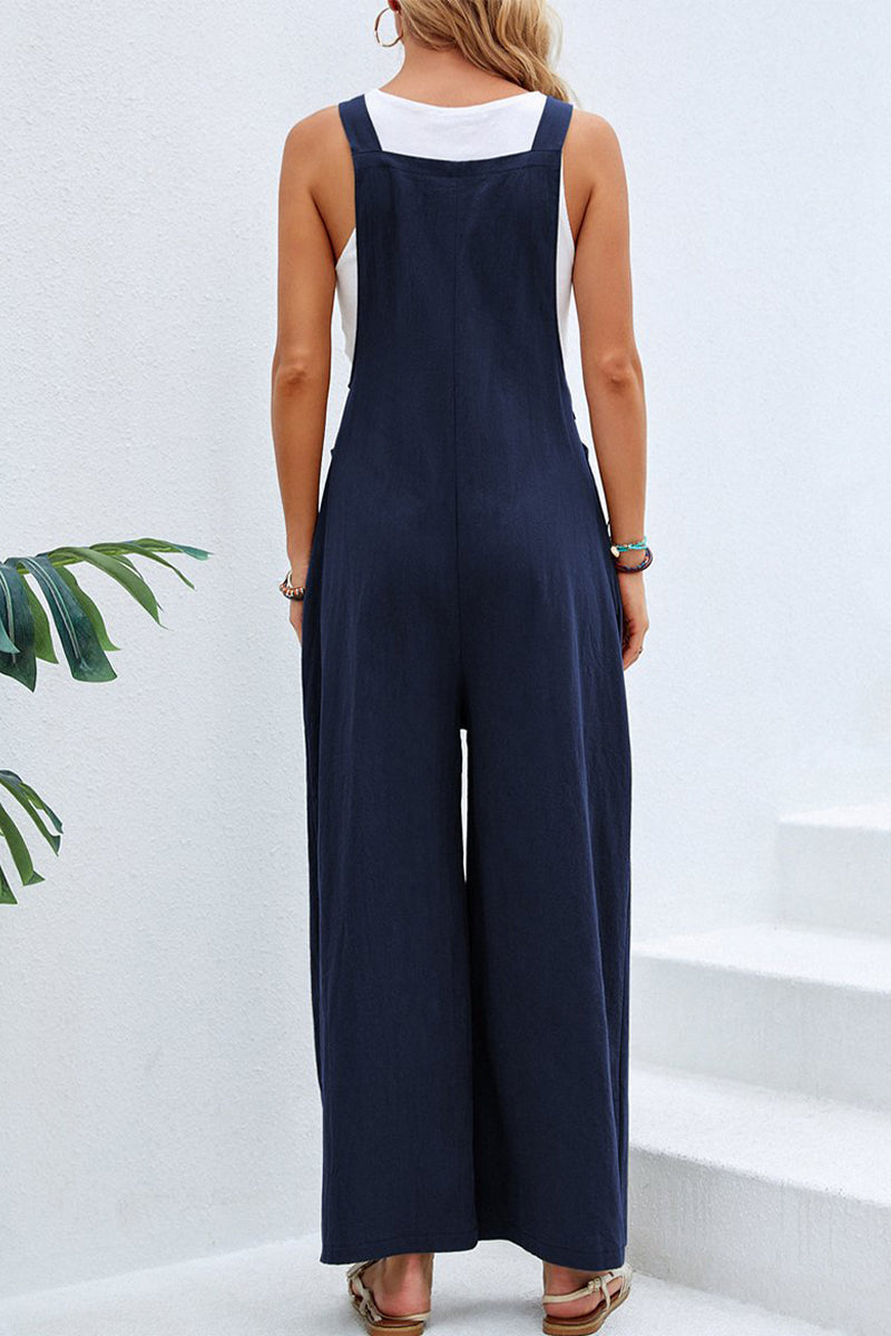 Vacation Buttons Square Collar Loose Jumpsuits(10 Colors)