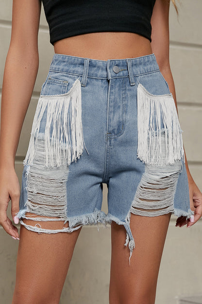 Simplicity Tassel Ripped Straight Denim Shorts