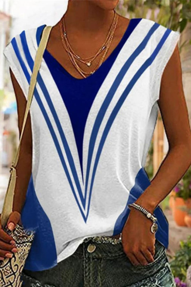 Striped Patchwork V Neck T-shirts(3 Colors)