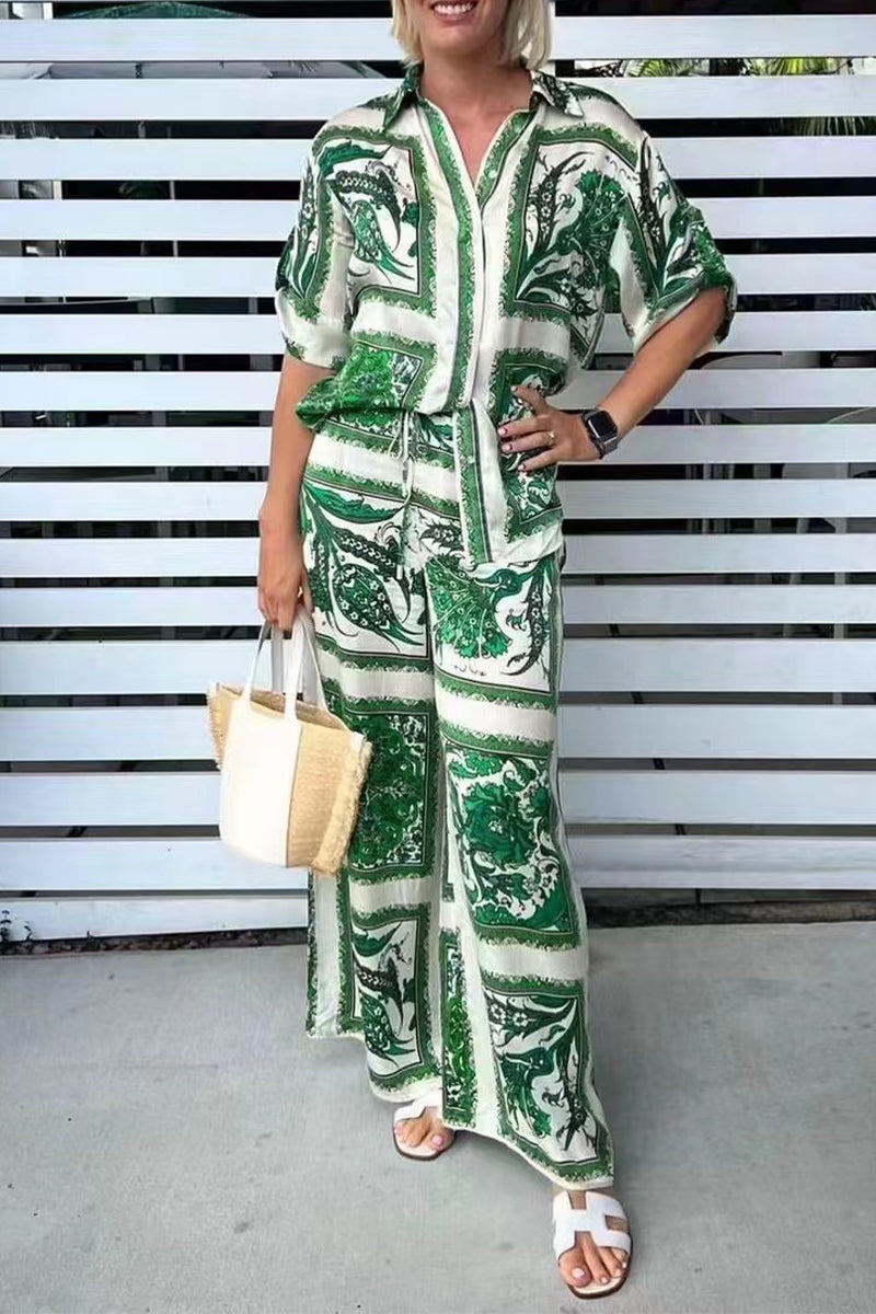 Living Print Patchwork Turndown Collar Short Sleeve Two Pieces