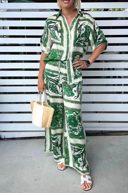 Living Print Patchwork Turndown Collar Short Sleeve Two Pieces