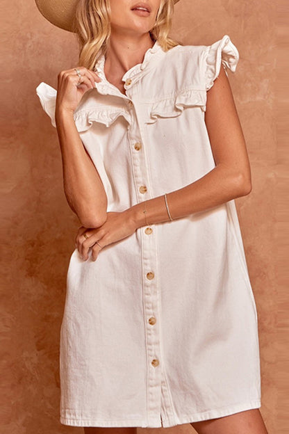Daily Make Old Buckle Lotus Leaf Collar Short Sleeve Straight Denim Dresses