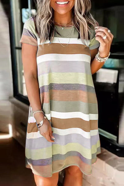 Street Striped Patchwork Pocket O Neck T-shirt Dress Short Sleeve Dress(5 Colors)