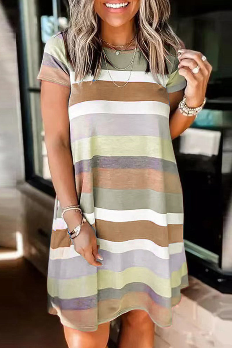 Street Striped Patchwork Pocket O Neck T-shirt Dress Short Sleeve Dress(5 Colors)