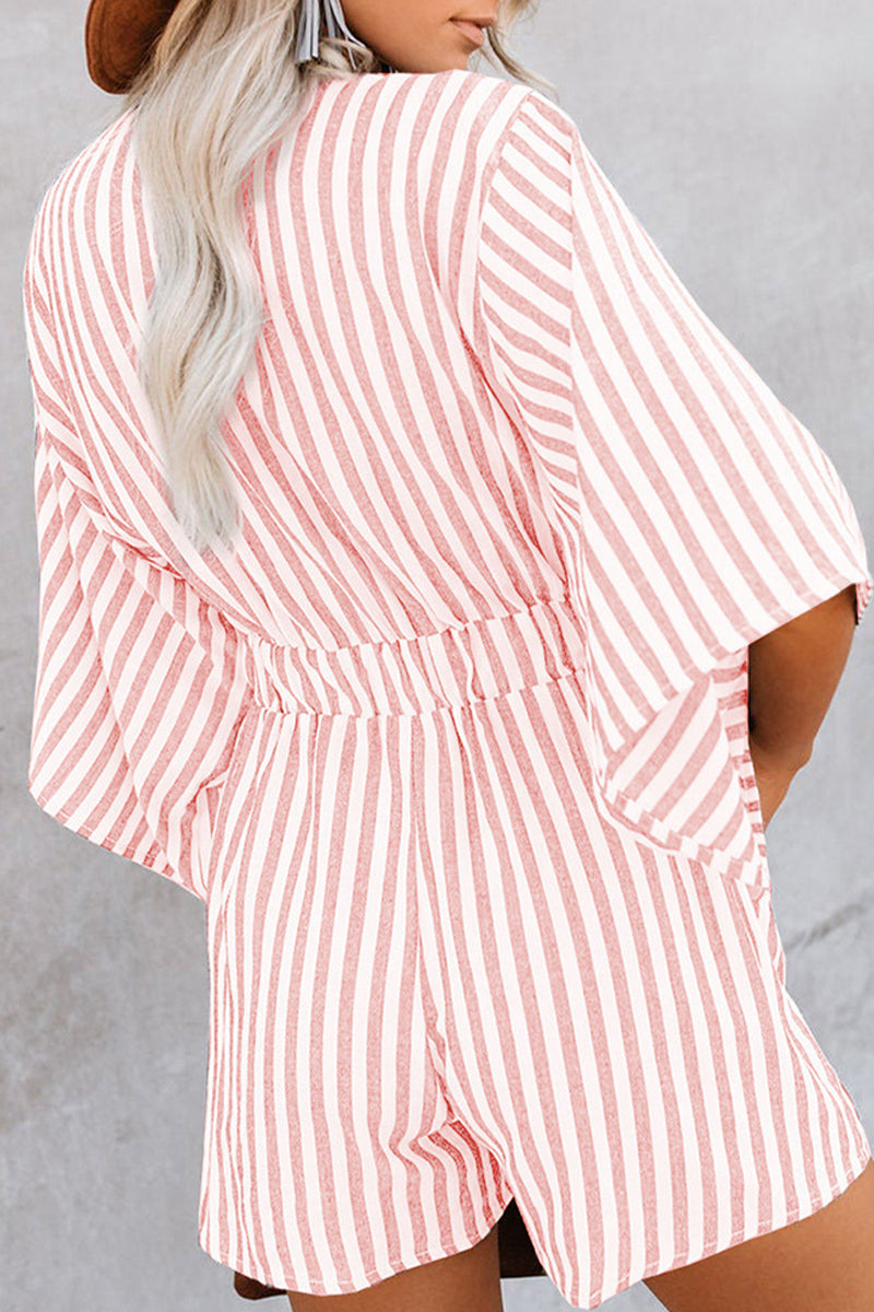 Simplicity Geometric Patchwork Frenulum V Neck Loose Jumpsuits(4 Colors)