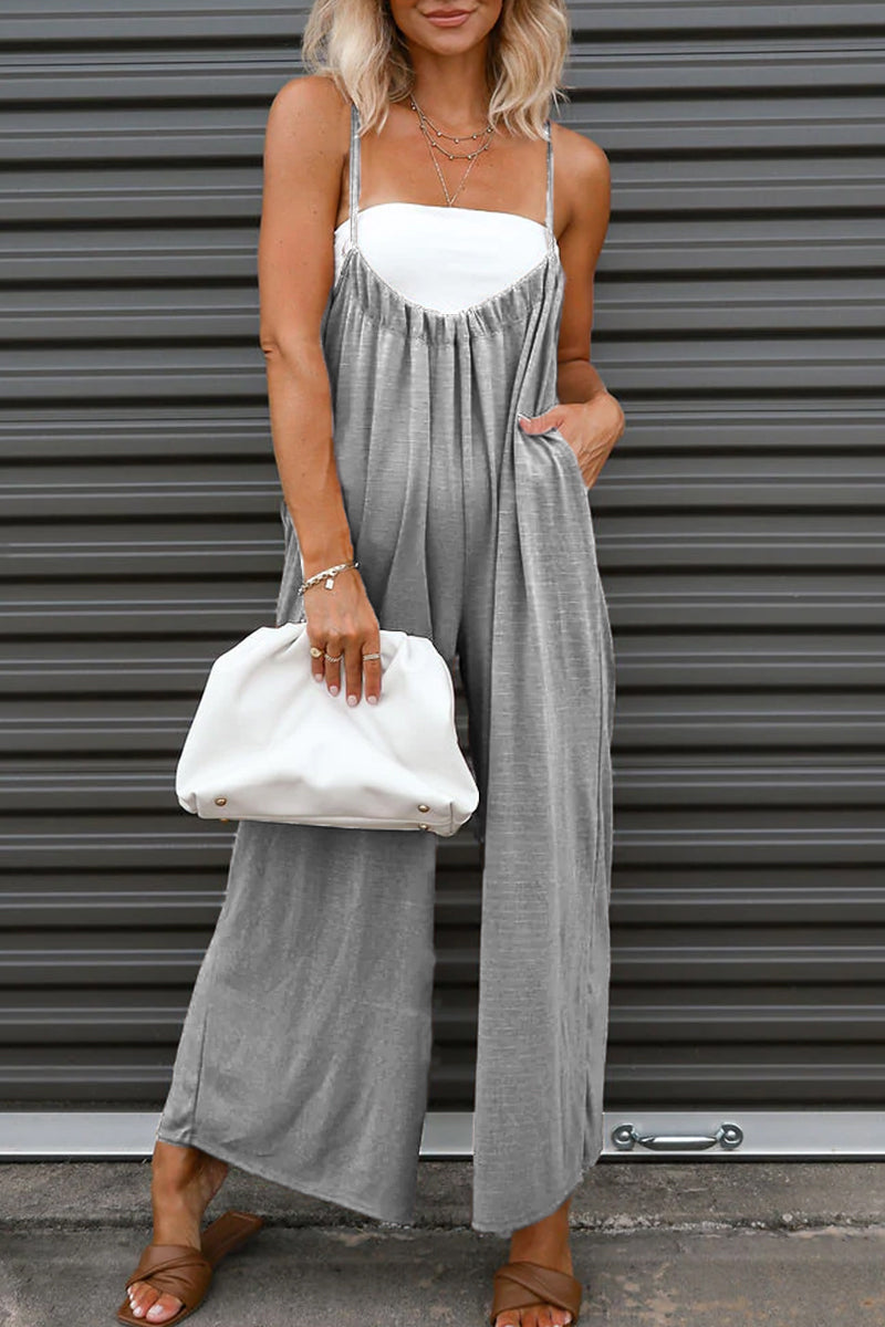 Color U Neck Loose Jumpsuits