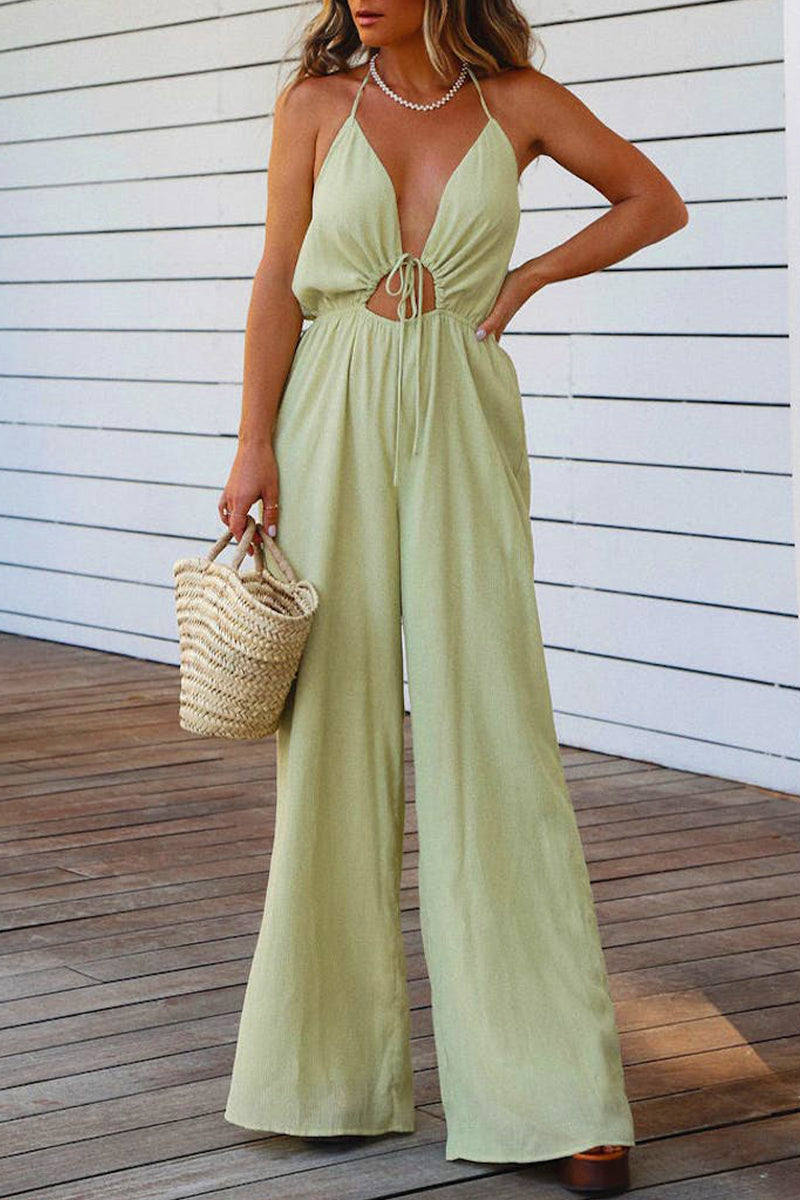 Backless V Neck Regular Jumpsuits(3 Colors)