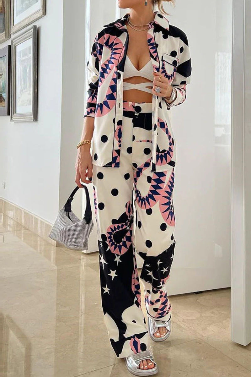 Print Patchwork Turndown Collar Long Sleeve Two Pieces