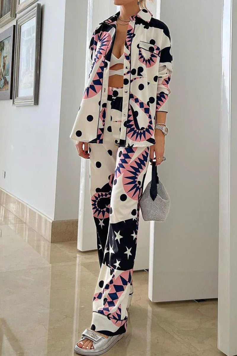 Print Patchwork Turndown Collar Long Sleeve Two Pieces