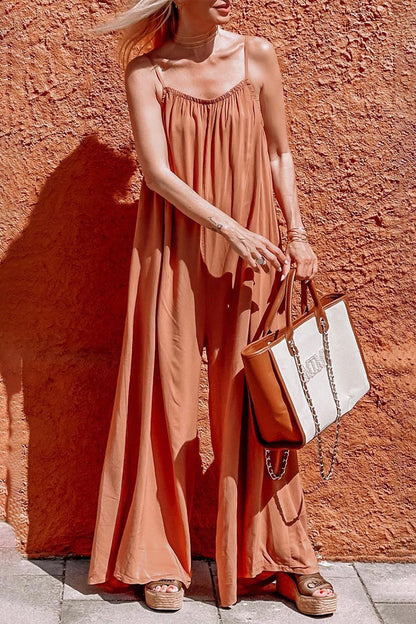 Color U Neck Loose Jumpsuits