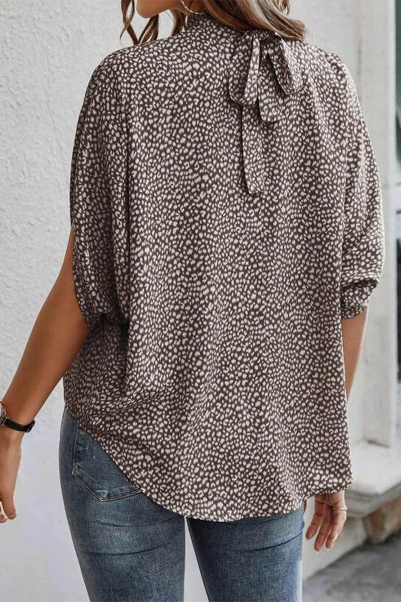 Work Print Patchwork O Neck Blouses(10 Colors)