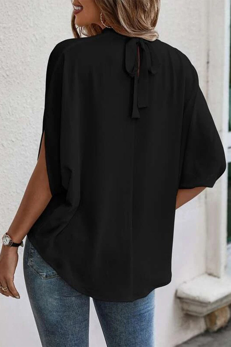 Work Print Patchwork O Neck Blouses(10 Colors)