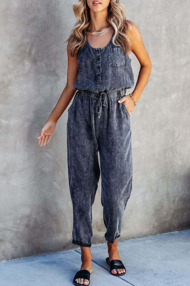 Street Print Patchwork Pocket U Neck Sleeveless Loose Denim Jumpsuits