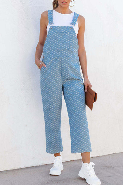 Street Print Pocket Square Collar Sleeveless Loose Denim Jumpsuits