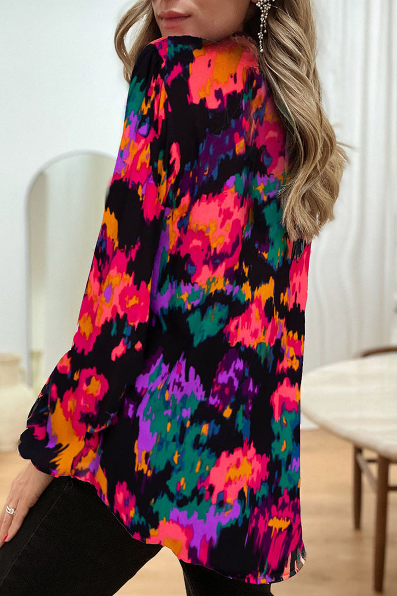 Work Print Patchwork V Neck Blouses(4 Colors)