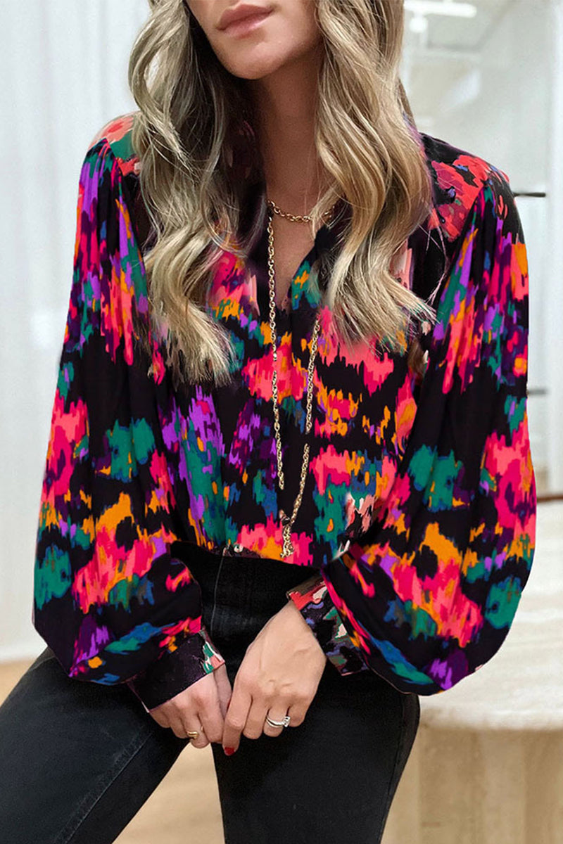 Work Print Patchwork V Neck Blouses(4 Colors)