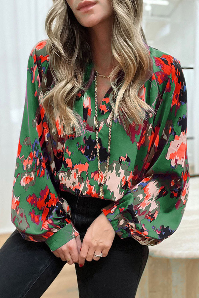 Work Print Patchwork V Neck Blouses(4 Colors)