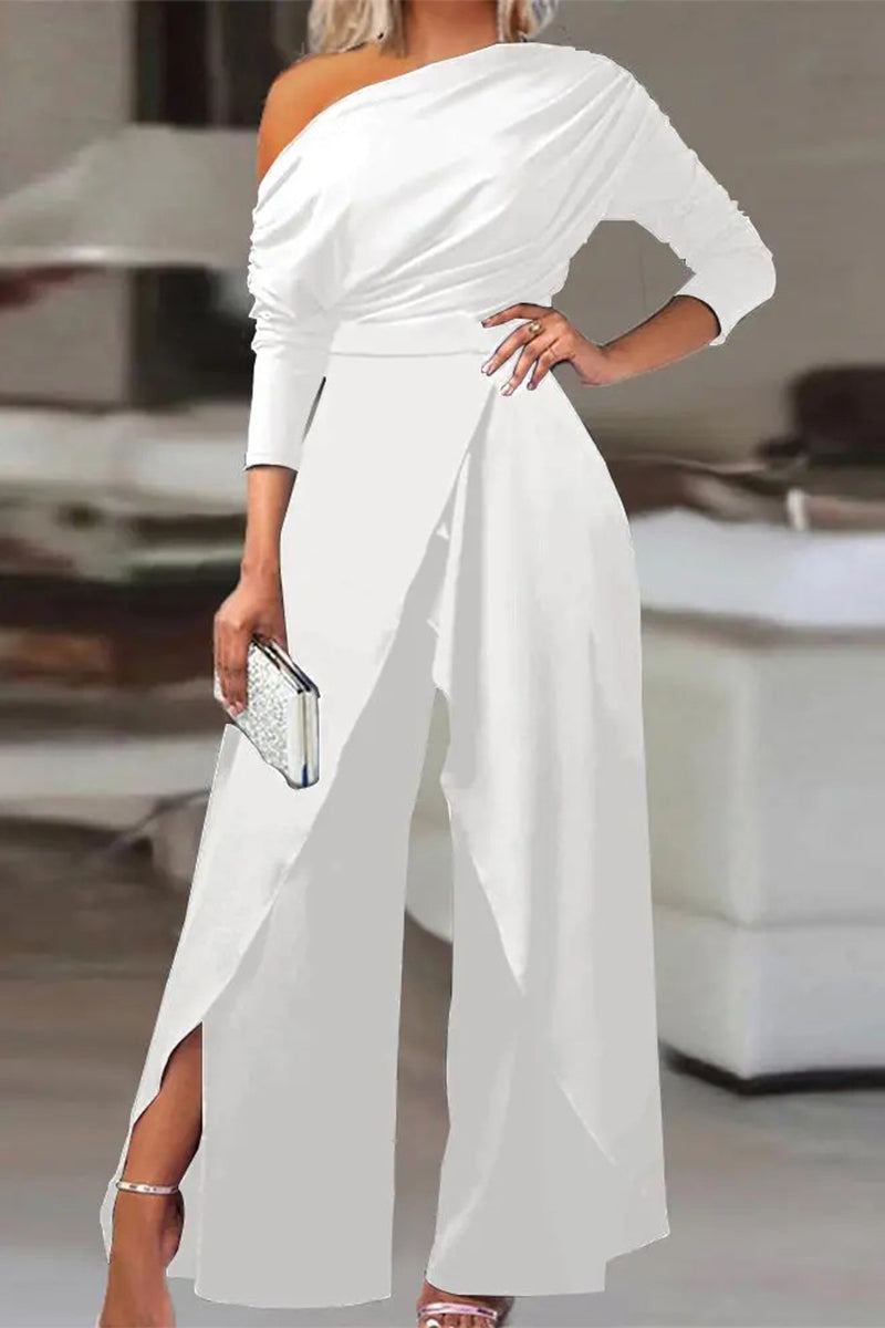 British Style Backless Asymmetrical Oblique Collar Regular Jumpsuits