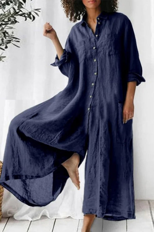 Vacation Pocket Buttons Turndown Collar Loose Jumpsuits
