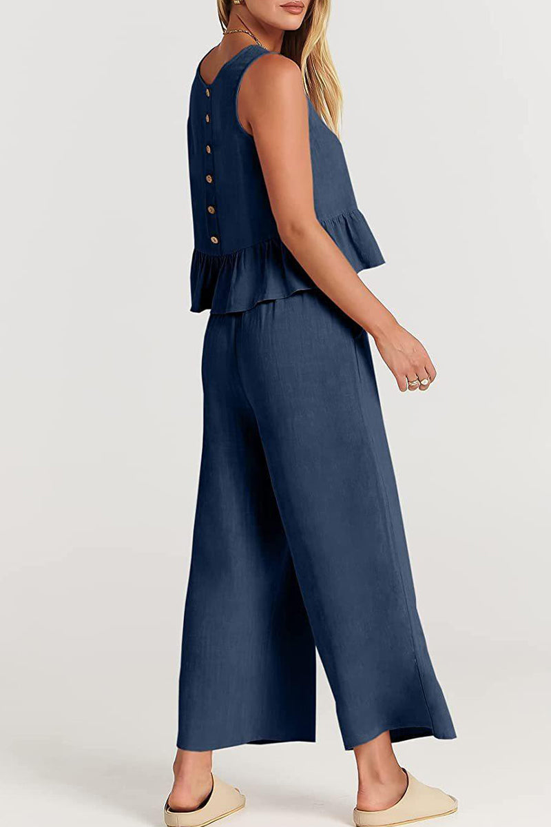 Simplicity Pocket Buttons O Neck Sleeveless Two Pieces
