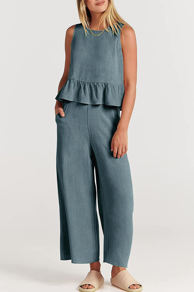 Simplicity Pocket Buttons O Neck Sleeveless Two Pieces