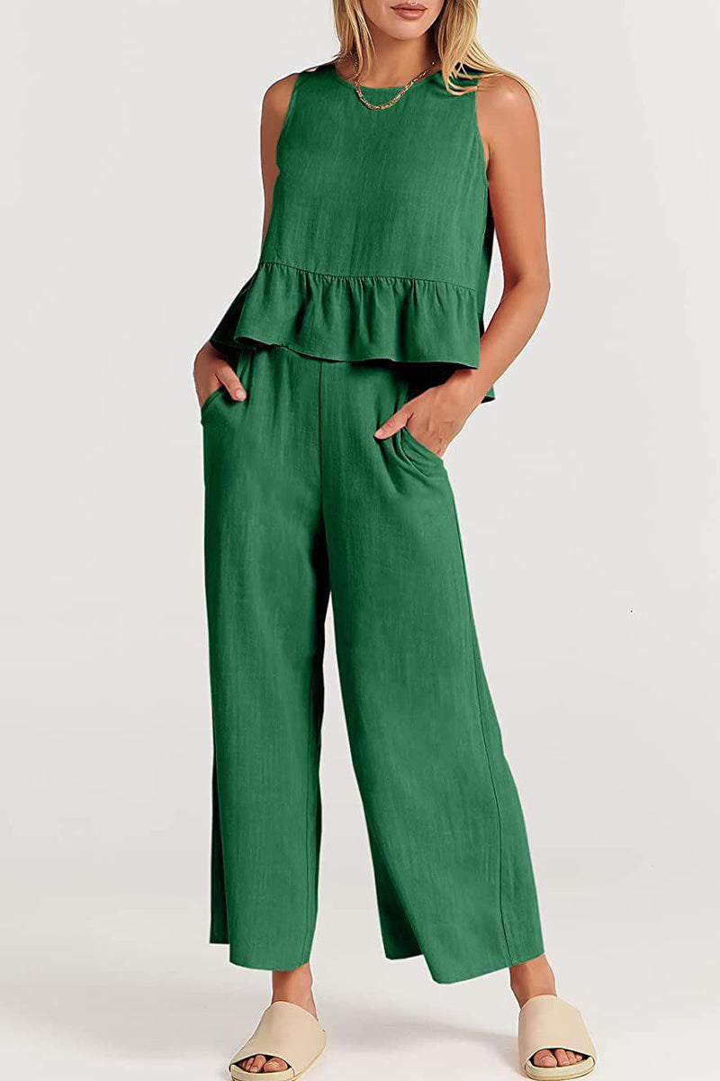 Simplicity Pocket Buttons O Neck Sleeveless Two Pieces