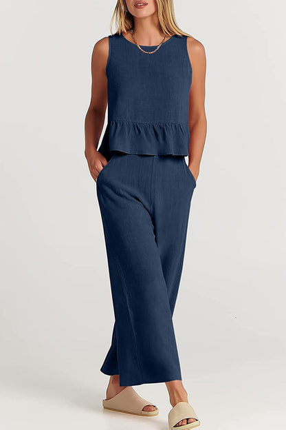 Simplicity Pocket Buttons O Neck Sleeveless Two Pieces