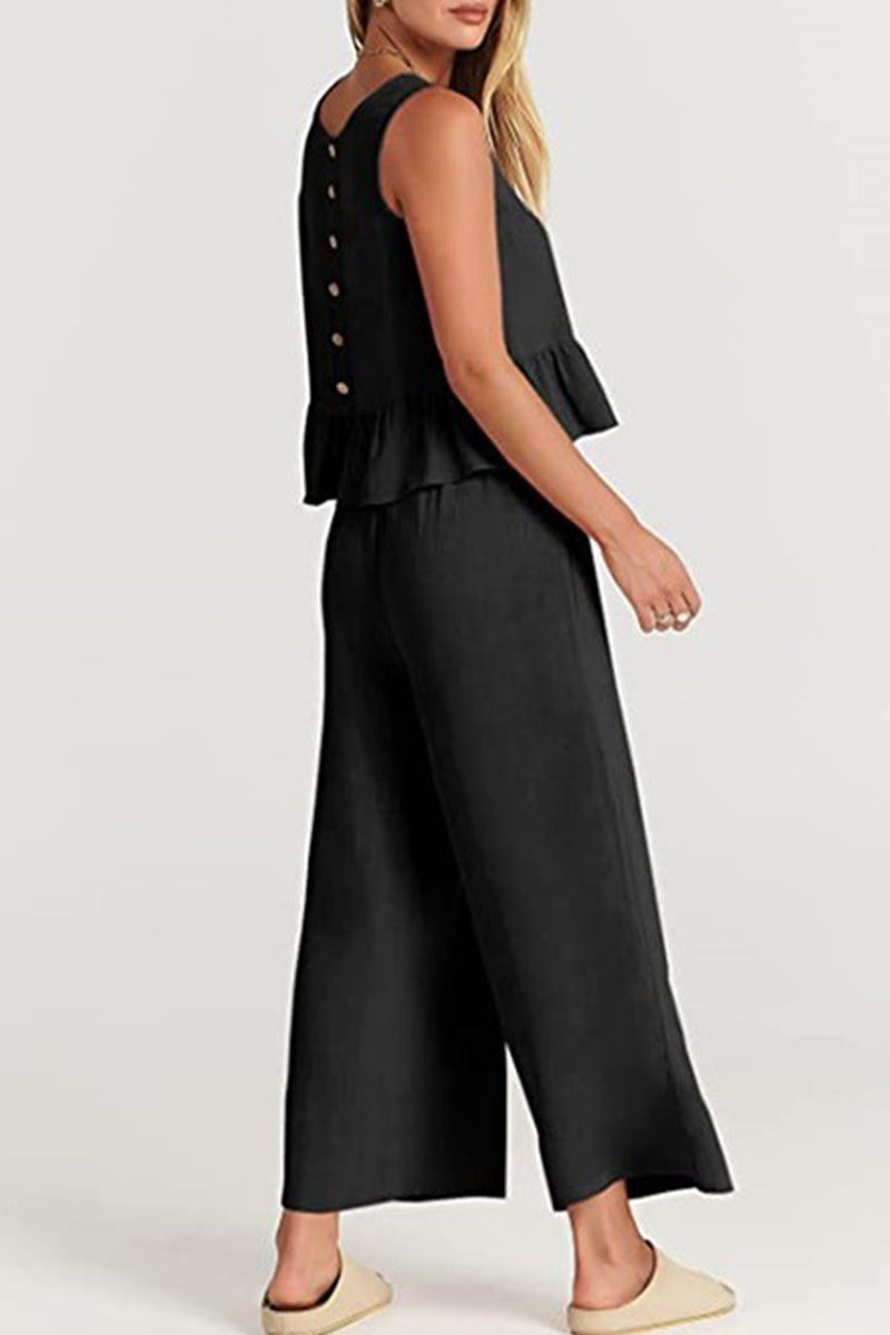 Simplicity Pocket Buttons O Neck Sleeveless Two Pieces