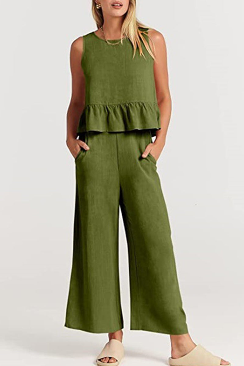 Simplicity Pocket Buttons O Neck Sleeveless Two Pieces