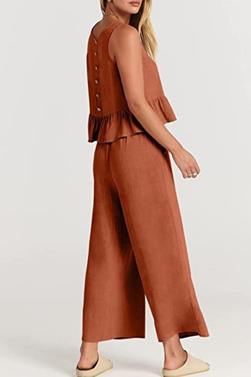 Simplicity Pocket Buttons O Neck Sleeveless Two Pieces