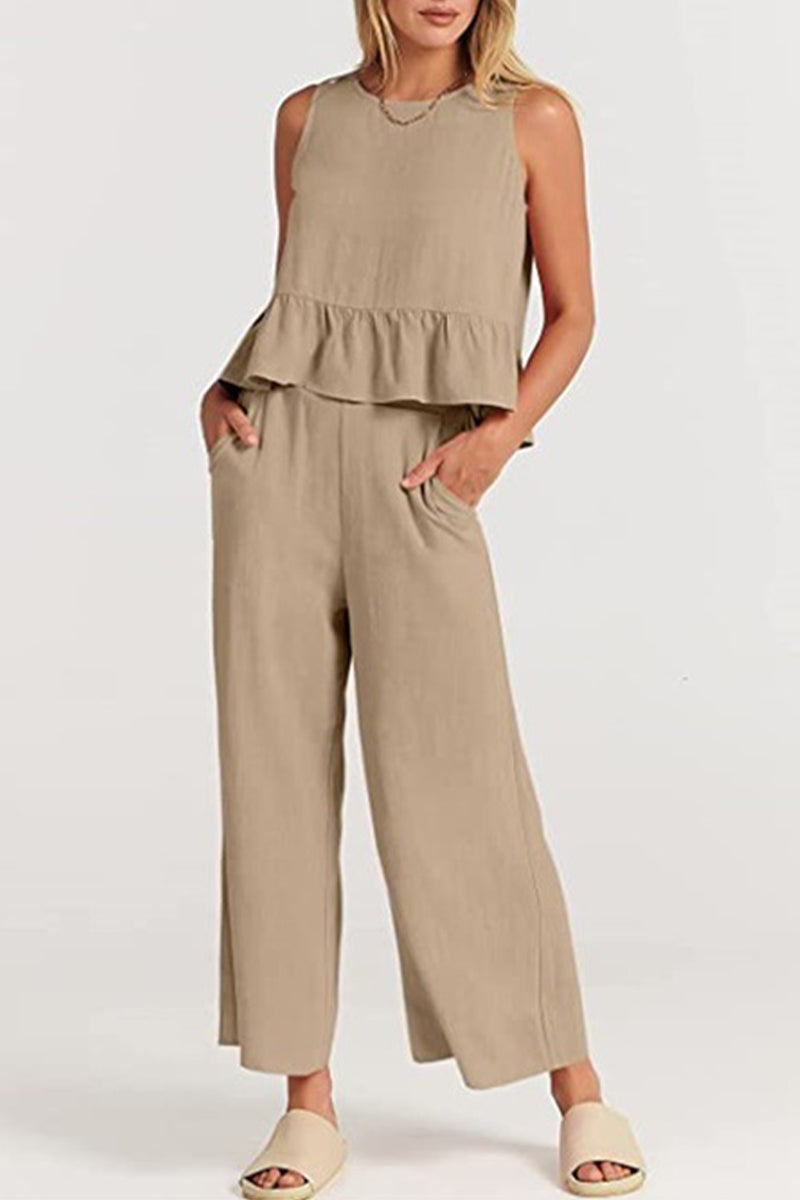Simplicity Pocket Buttons O Neck Sleeveless Two Pieces