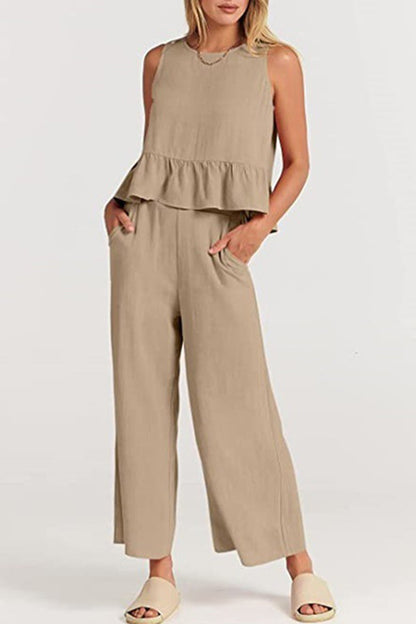 Simplicity Pocket Buttons O Neck Sleeveless Two Pieces